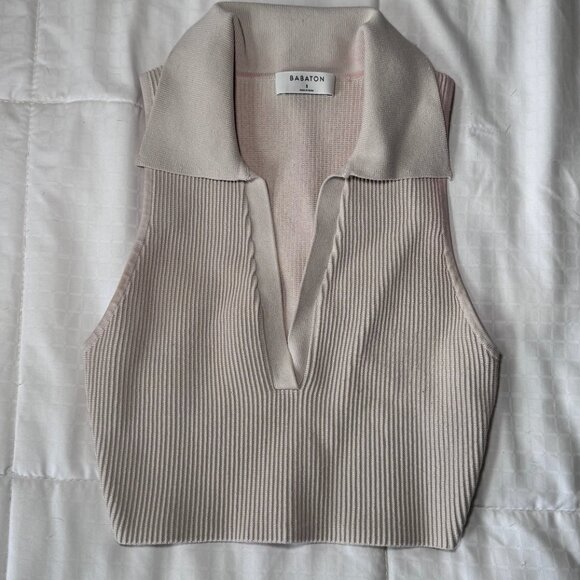 Aritzia Babaton Sculpt Knit Open Collar Sleeveless Polo in Beige Size Small - Picture 3 of 3